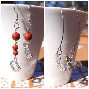 Red Jasper Fang Teeth Dangle & Bat Earrings Bundle